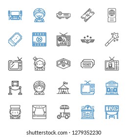 show icons set. Collection of show with exhibition, night club, stand, stage, magician, cinema, television, circus, seer, tickets, tv, magic wand. Editable and scalable show icons.