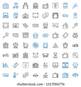 show icons set. Collection of show with exhibition, television, circus, air force, theater masks, unicycle, magic trick, clown, film, cinema. Editable and scalable show icons.