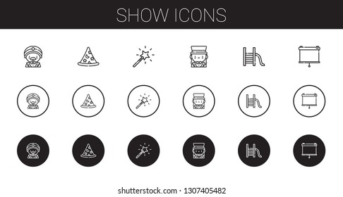 show icons set. Collection of show with magician, wizard, magic wand, slide, projector. Editable and scalable show icons.