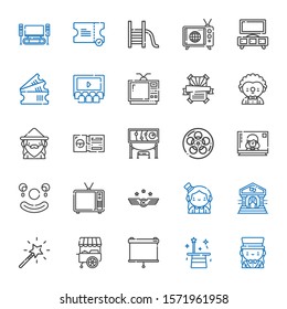 show icons set. Collection of show with magician, projector, stand, magic wand, theater, air force, television, clown, film, exhibition, ticket. Editable and scalable show icons.