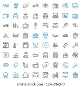 show icons set. Collection of show with night club, projector, tv, exhibition, stage, television, poster, clown, magic wand, magician, comedy. Editable and scalable show icons.