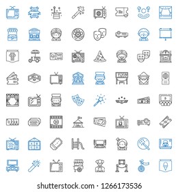 show icons set. Collection of show with poster, unicycle, exhibition, clown, stand, television, magic wand, magician, home cinema, slide, ticket. Editable and scalable show icons.