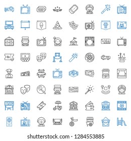 show icons set. Collection of show with slide, wizard, stand, unicycle, home cinema, clown, television, ticket, film, cinema, tickets, theater. Editable and scalable show icons.