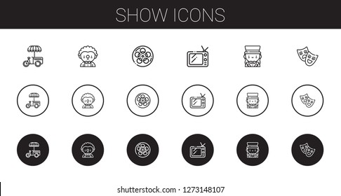 show icons set. Collection of show with stand, clown, film, tv, magician, theatre. Editable and scalable show icons.