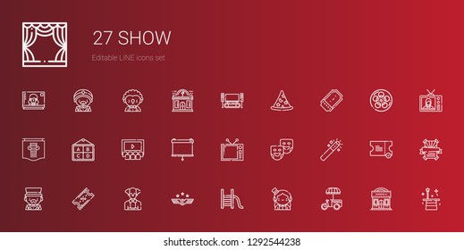 show icons set. Collection of show with stand, magician, slide, air force, clown, ticket, magic wand, theater masks, television, projector, cinema. Editable and scalable show icons.