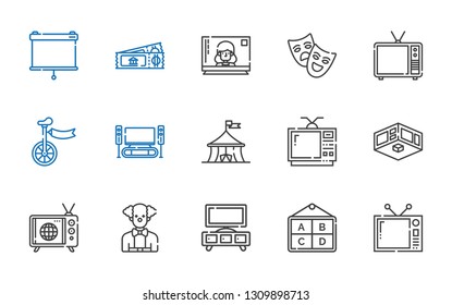 show icons set. Collection of show with television, poster, stand, clown, tv, exhibition, circus, home cinema, unicycle, theatre, ticket, projector. Editable and scalable show icons.