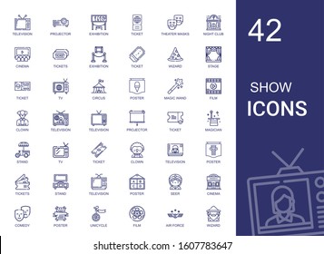 show icons set. Collection of show with television, projector, exhibition, ticket, theater masks, night club, cinema, tickets, wizard, stage. Editable and scalable show icons.