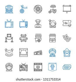 show icons set. Collection of show with tickets, poster, film, television, seer, wizard, magician, ticket, stage, clown, theatre, stand, exhibition. Editable and scalable show icons.