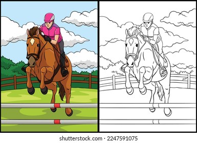 Show Jumping Coloring Page Colored Illustration