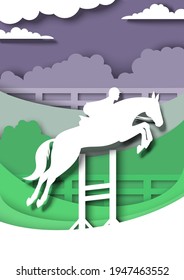 Show jumping competition. Horseback rider, jumping horse silhouettes, vector illustration in paper art style. Hurdle race. Equestrian sport event.