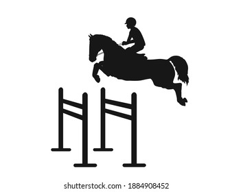 At a show jumping competition. Rider with horse jumping over the hurdle, vector silhouette
