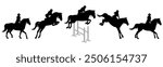 Show jumping, equestrian sports. Horse rider and horse, jumping in barrier, silhouette. Vector illustration