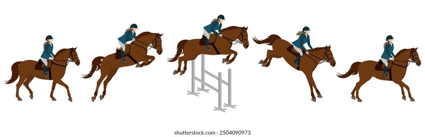 Salto de espectáculos, deportes ecuestres. Jinete de caballo y caballo, saltando en la barrera. Ilustración vectorial