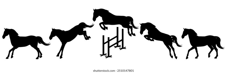 Salto, esportes equestres.  Cavalo pulando em barreira, silhueta. Ilustração vetorial