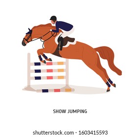 Show jumping flat vector illustration. Horse rider, athlete cartoon character. Equestrian show, horseback riding competition concept. Equine jumping over barrier isolated on white background.
