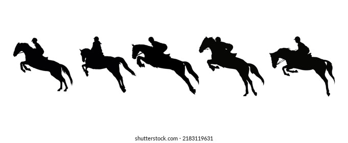 Show Jumping. Horse and jockey jumping vector silhouette set.