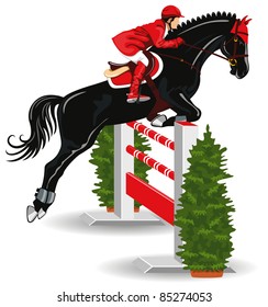 Show Jumping. Jockey on a beautiful black horse jumps over a barrier.