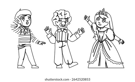 mostrar crianças teatro vetor. criança criança, palco menino, jogar fantasia mostrar crianças teatro personagem. pessoas linha preta lápis desenho ilustração