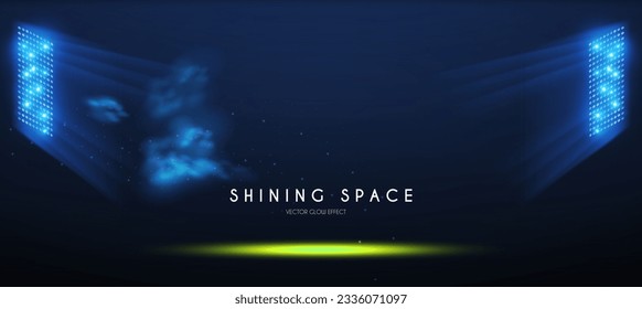 Show light. Colorful stadium spotlights with fay. Transparent light effect