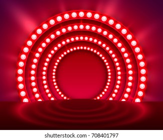 Show light podium red background. Vector illustration