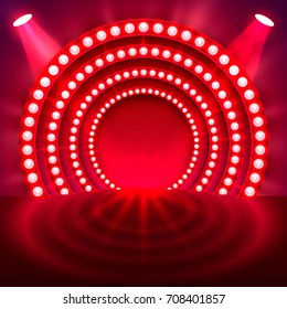 Show light podium red background. Vector illustration