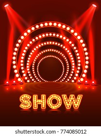 Show light podium red background. Vector illustration