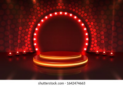 Show light, Stage Podium Scene with for Award Ceremony on red Background. Vector illustration