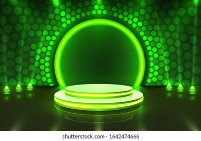 Show light, Stage Podium Scene with for Award Ceremony on green Background. Vector illustration