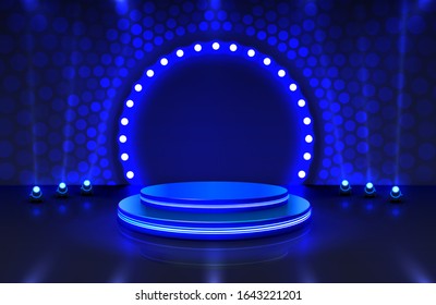 Show Light, Stage Podium Scene With For Award Ceremony On Blue Background. Vector Illustration