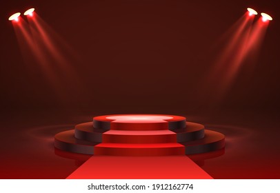 Show Light, Stage Podium Scene With For Award Ceremony On Red Background. Vector Illustration