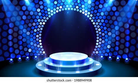 Show light, Stage Podium Scene with for Award Ceremony on blue Background. Vector illustration