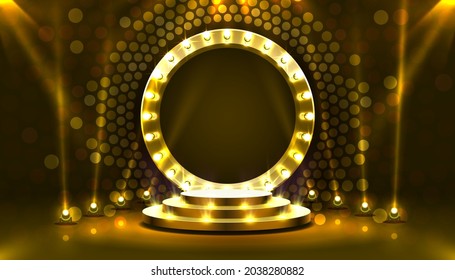 Show light, Stage Podium Scene with for Award Ceremony on gold Background. Vector illustration