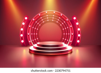 Show light, Stage Podium Scene with for Award Ceremony on red Background. Vector illustration