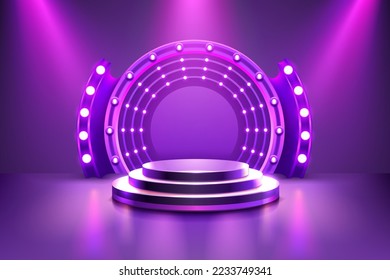 Show light, Stage Podium Scene with for Award Ceremony on purple Background. Vector illustration