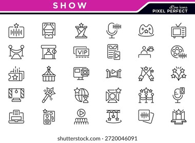 Show line icon set. Video, movie theater, 3d, VR, musician performance. DJ disco. confetti cracker, show, concert line icon set. Ui thin line icon pack. 