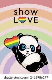 Show love card with cute panda holding a heart on LGBT rainbow background. Pride month card