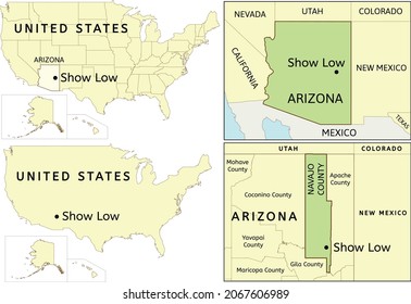 Show Low city location on USA, Arizona state and Navajo County map