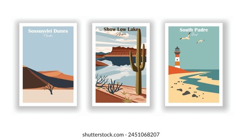 Show Low Lake, Arizona, Dunas de Sossusvlei, Namibia, Isla del Padre Sur - afiche de viaje de Antiguas. Ilustración vectorial. Impresiones de alta calidad