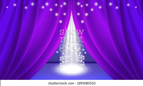 Show must go on. Purple ajar curtain on the stage. Bright white beams and multiple sparks. Clipping mask. EPS10