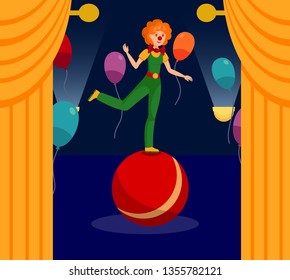 Show Night, Event at Circus Vector Illustration. Young Woman in Clown Costume and Funny Wig Cartoon Character. Cheerful Entertainer Performing Stunt, Trick with Big Ball. Balancing Harlequin