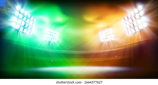 Show on stage. Bright floodlights illuminating the sports stadium. Colorful background. Sports games. Abstract vector illustration.