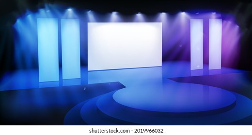 The show on the stage. Free space for advertising. Projection screen in television studio. Vector illustration.