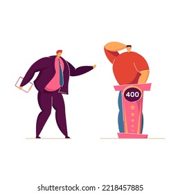 Show on TV. Cartoon host asking participants questions on show, boys solving puzzles flat vector illustration