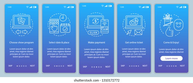 Show onboarding mobile app page screen vector template. Performance online ticket. Program event. Walkthrough website steps with linear illustrations. UX, UI, GUI smartphone interface concept
