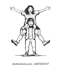 Show one friend giving another a shoulder ride outline  