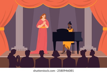 Show in opera. Woman in red dress sings on stage, girl in yellow dress plays piano. Pianist and singer performing. Concert and performance. Hobby and leisure. Flat vector illustration