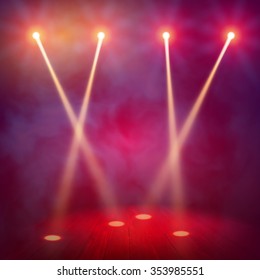 Show. Party Interior. Nightclub Design. Shining Spotlight Background. Studio Lights in Smoky Room. Vector illustration