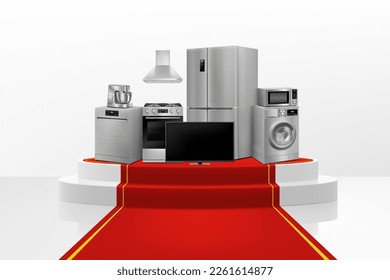 Mostrar podio o peatón con tracción roja y electrodomésticos domésticos: microondas, lavadora, frigorífico, fogones, TV, lavavajillas, campana de cocina. Vector 3D realista