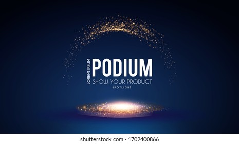 Muestra el podio con focos. Efecto de la luz de presentación. Lugar ganador iluminado.