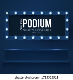 Muestra el podio con focos. Efecto de la luz de presentación. Lugar ganador iluminado.